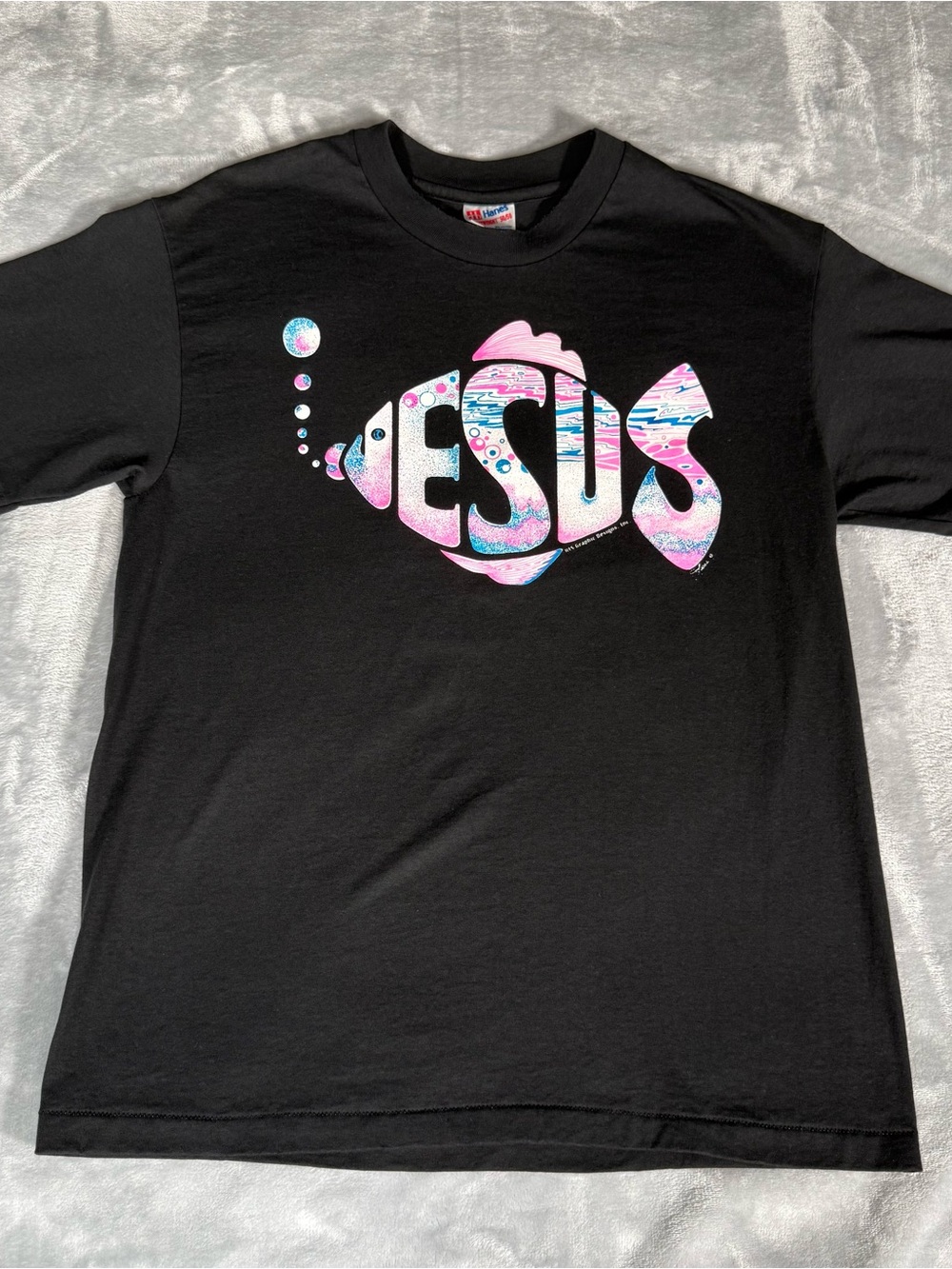 Vintage Jesus Fish Art T Shirt Mens Large Slim Fit Made In USA Black 90s